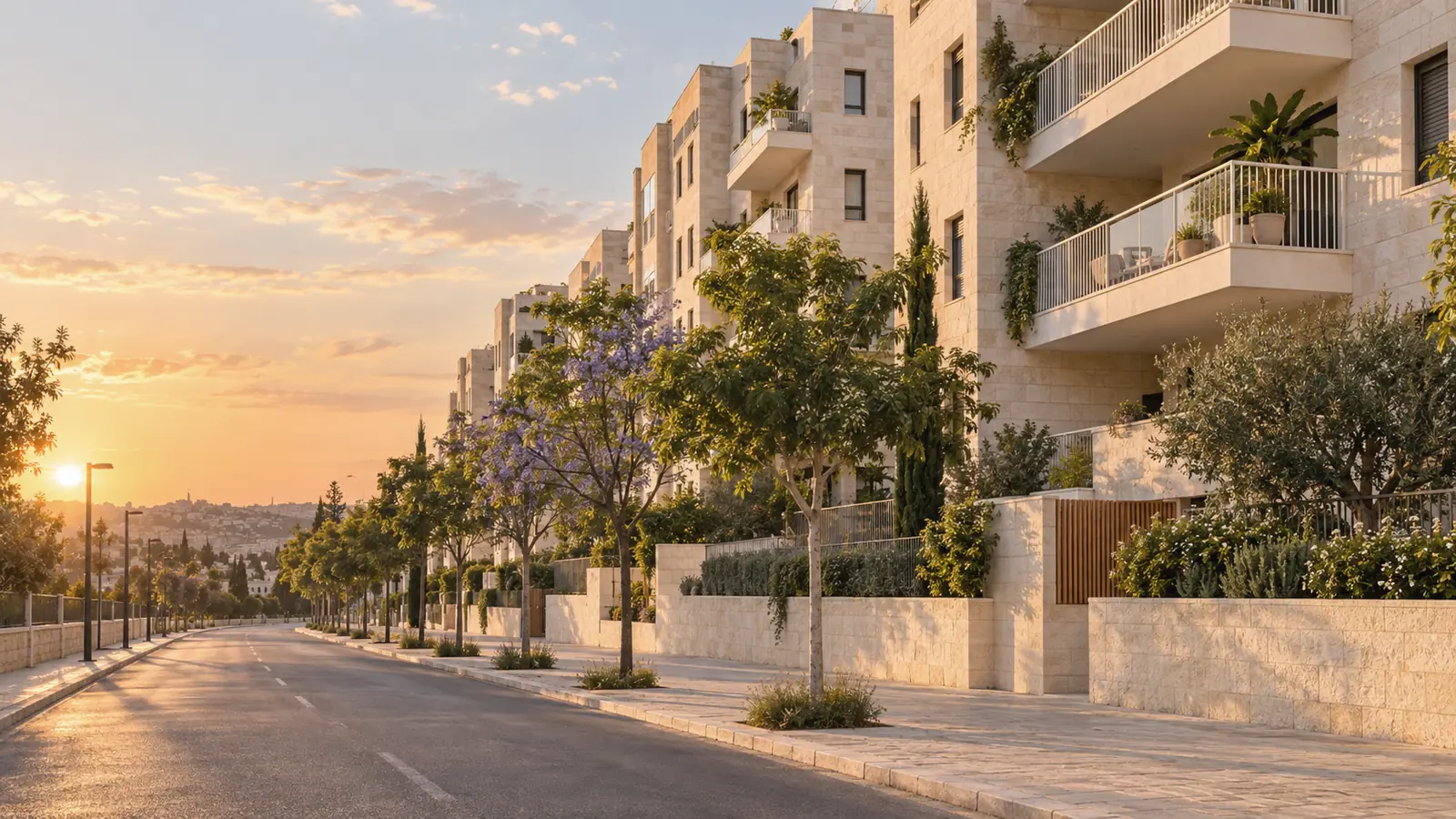 רחוב מגורים עם בנייני אבן חדשים ומרפסות באור שקיעה