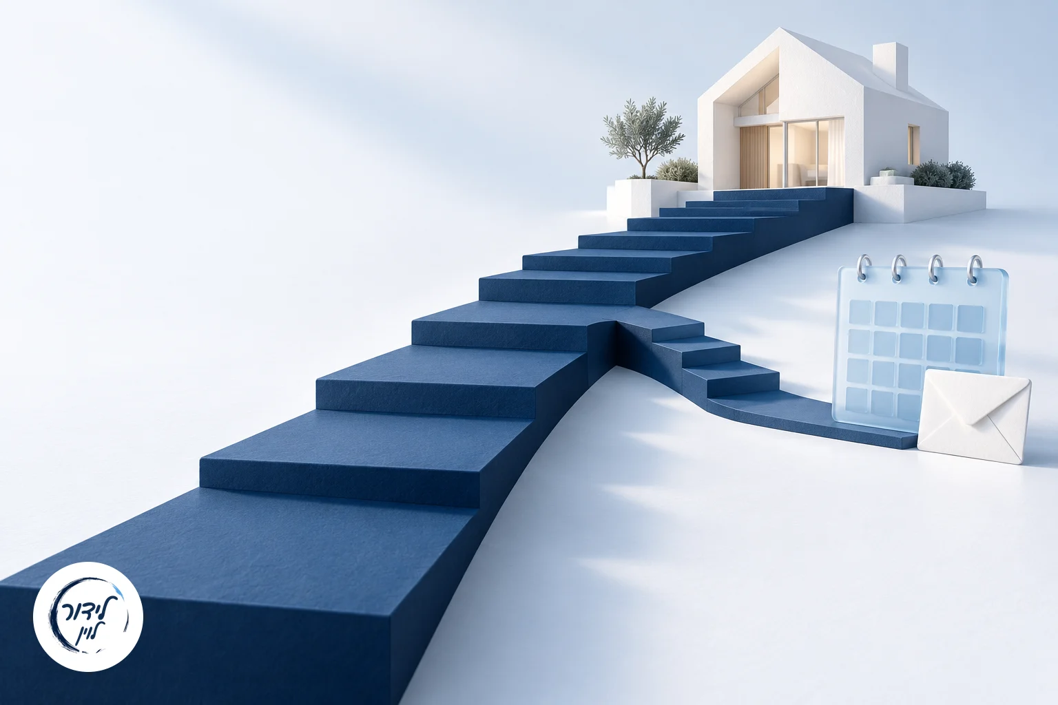 A navy staircase branches into a shorter route beside a pale blue calendar and envelope, illustrating partial repayment choices