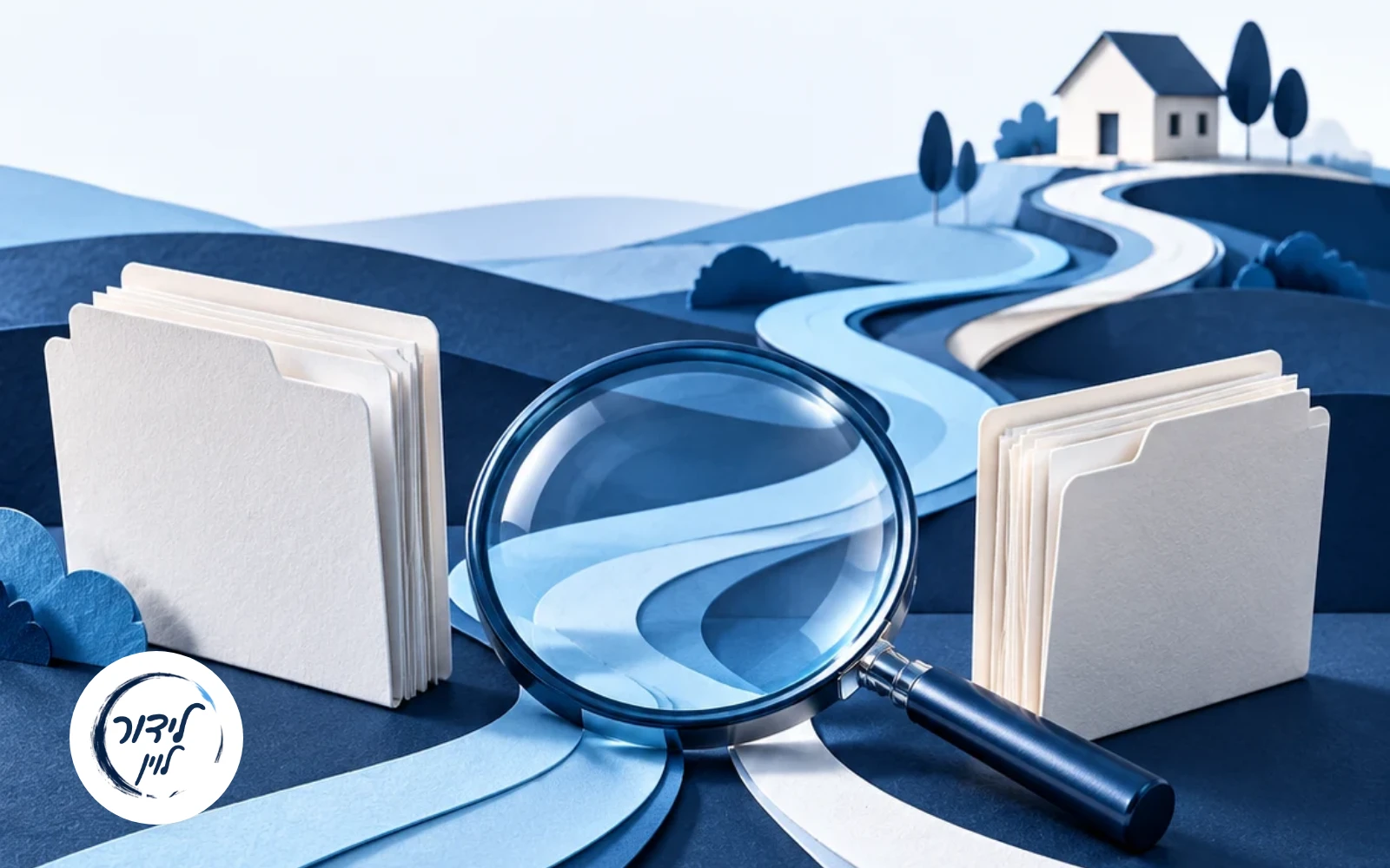 Blue and white paths examined through a magnifying glass between document folders on the way to a house