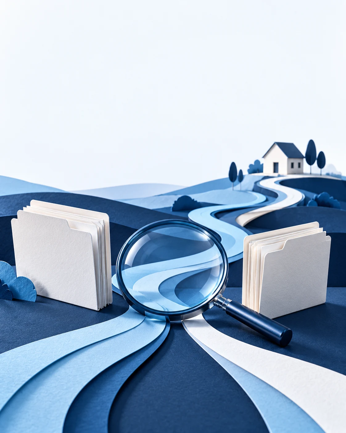 Blue and white paths inspected through a magnifying glass between documents and a house, illustrating alternatives